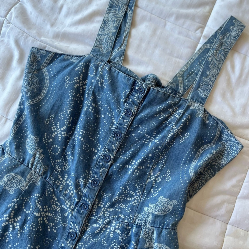 SOLD BENJAMIN BITTEN Chambray Denim Paisley Print Tie Back Button Front Romper - Picture 8 of 16